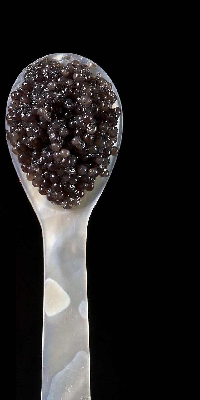 Sturgeon caviar on a mother-of-pearl spoon
